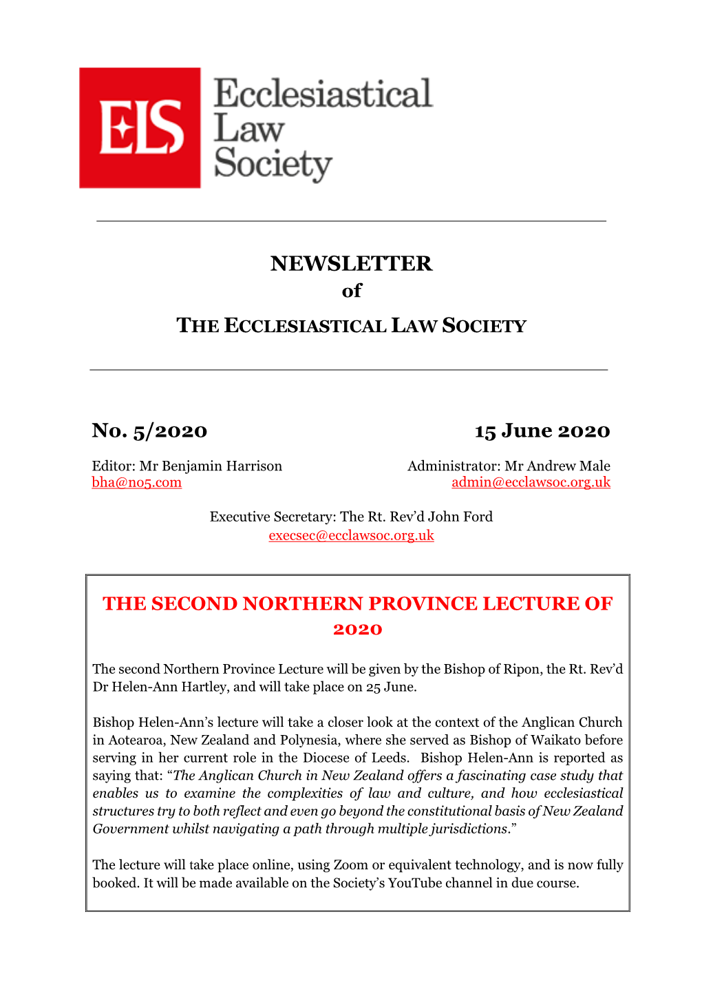 NEWSLETTER of the ECCLESIASTICAL LAW SOCIETY