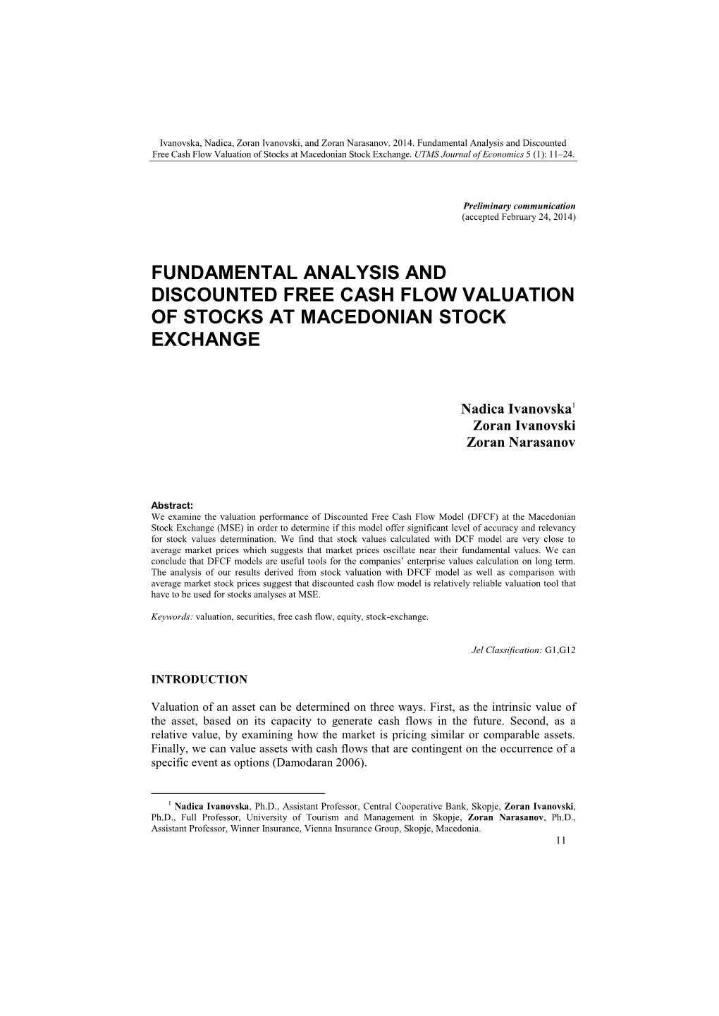Fundamental Analysis and Discounted Free Cash Flow Valuation of Stocks at Macedonian Stock Exchange