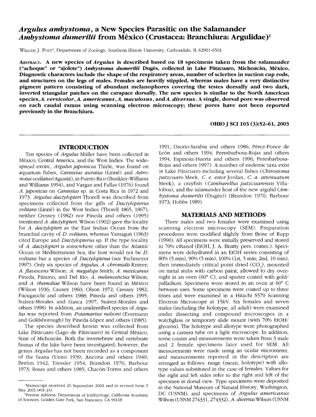 Argulus Ambystoma, a New Species Parasitic on the Salamander Ambystoma Dumerilii from Mexico (Crustacea: Branchiura: Argulidae)1