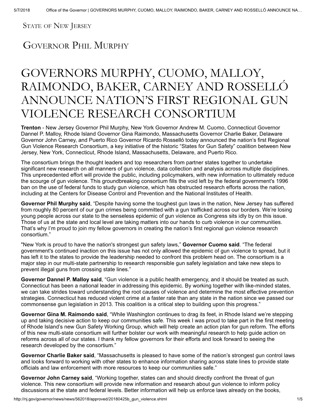 Governors Murphy, Cuomo, Malloy, Raimondo, Baker, Carney and Rosselló Announce Na…