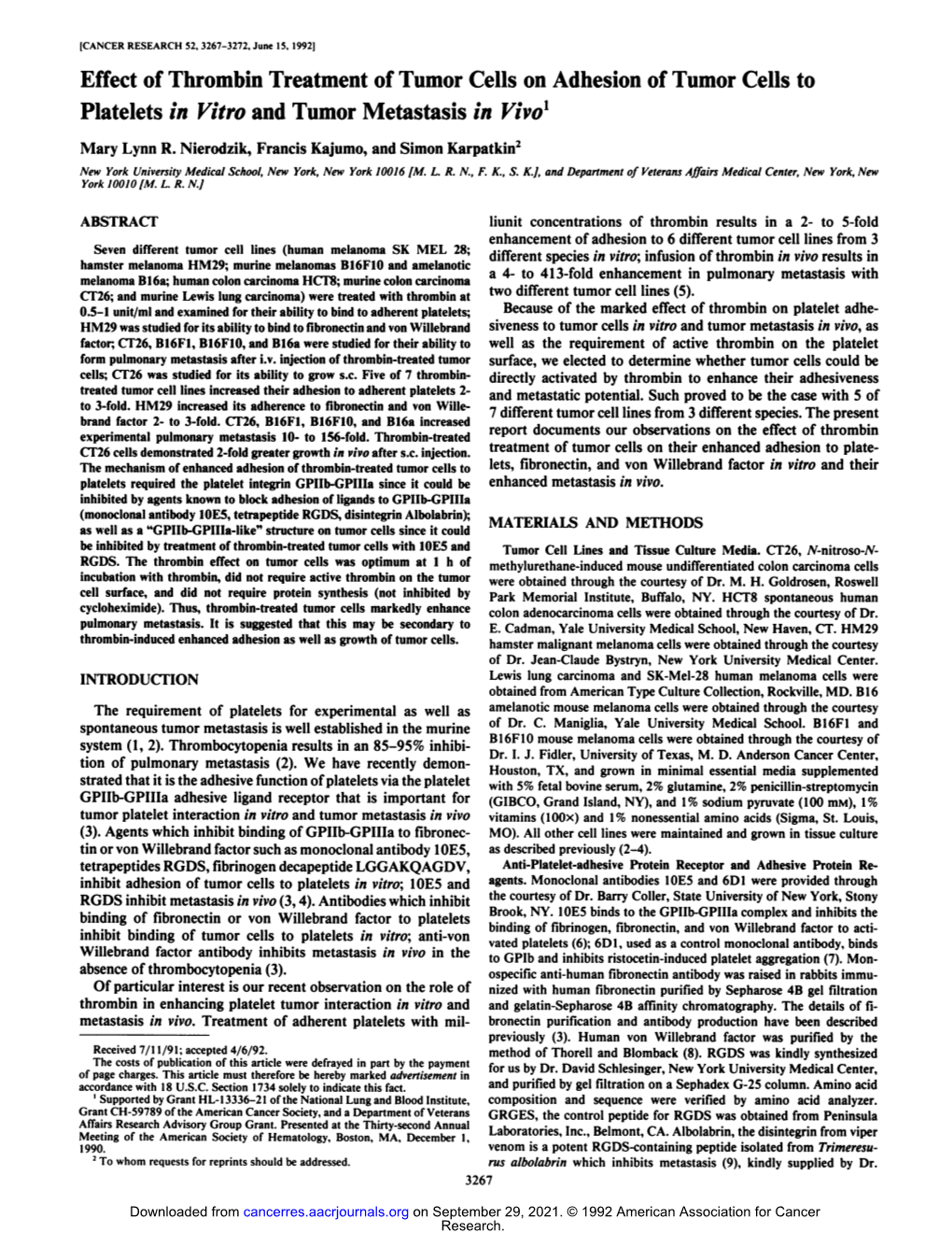 Effect of Thrombin Treatment of Tumor Cells on Adhesion of Tumor Cells to Platelets in Vitro and Tumor Metastasis in Vivo1