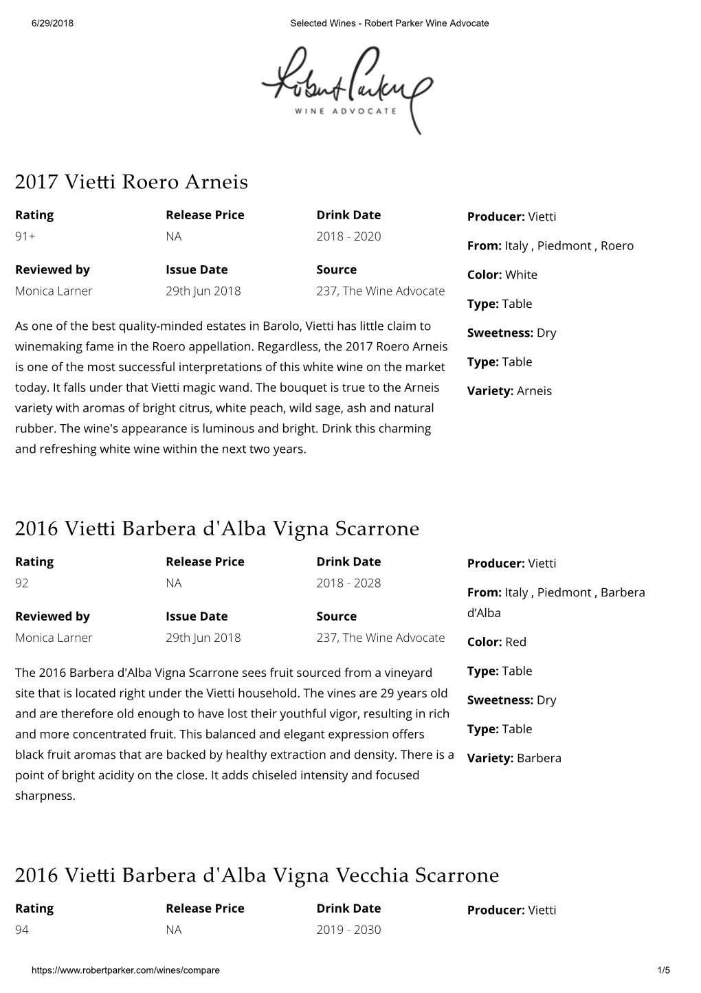 2017 Vie I Roero Arneis 2016 Vie I Barbera D'alba Vigna Scarrone