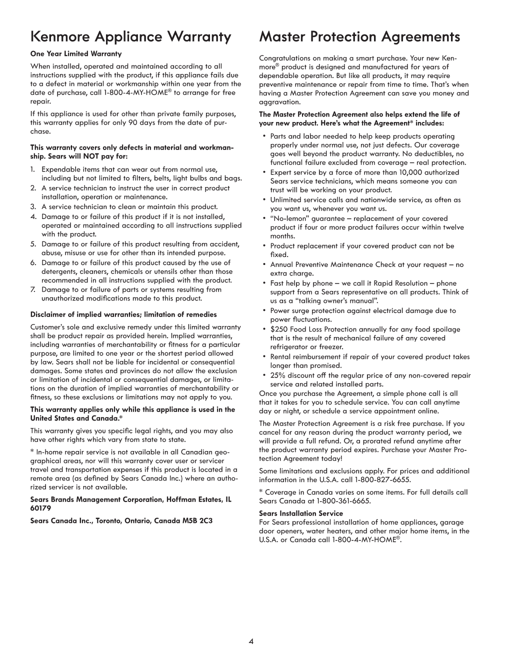 Kenmore Appliance Warranty Master Protection Agreements One Year Limited Warranty Congratulations on Making a Smart Purchase