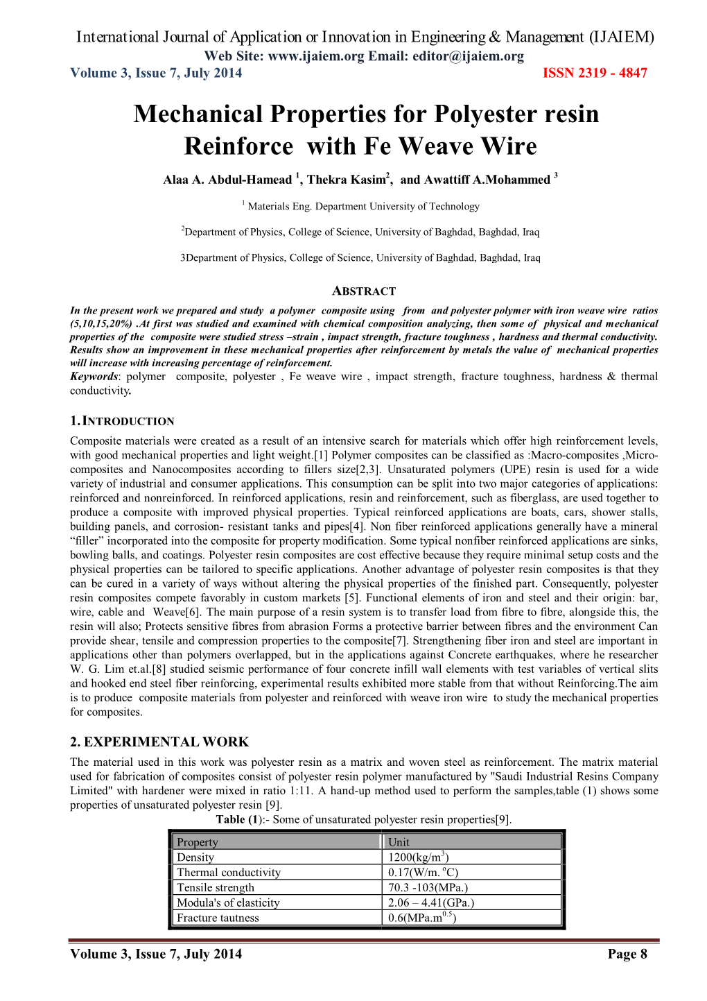 Mechanical Properties for Polyester Resin Reinforce with Fe Weave Wire