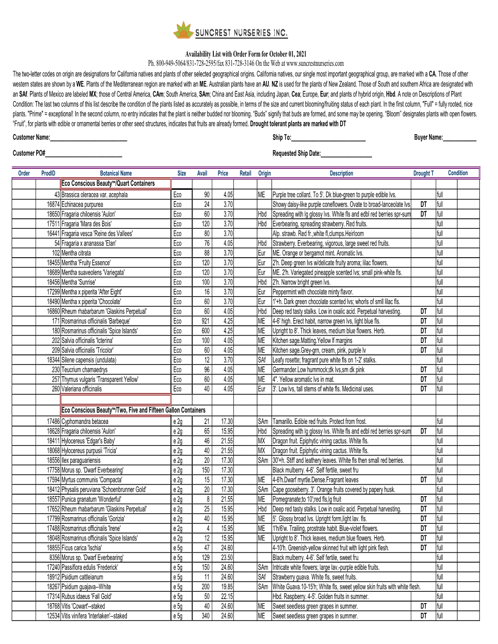 Availability List with Order Form for August 20, 2021 Ph. 800-949