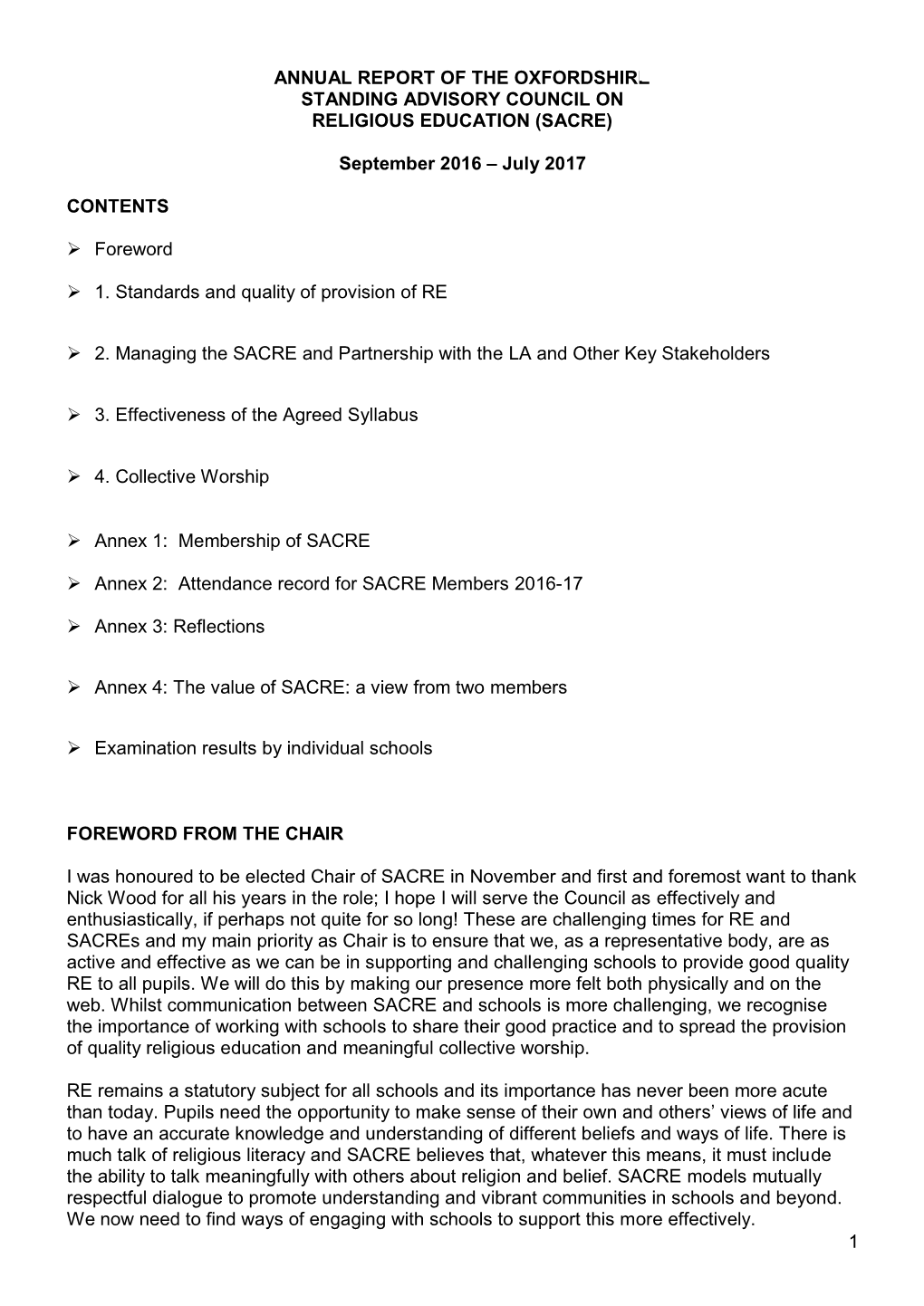 Annual Report of the Oxfordshire Standing Advisory Council on Religious Education (Sacre)