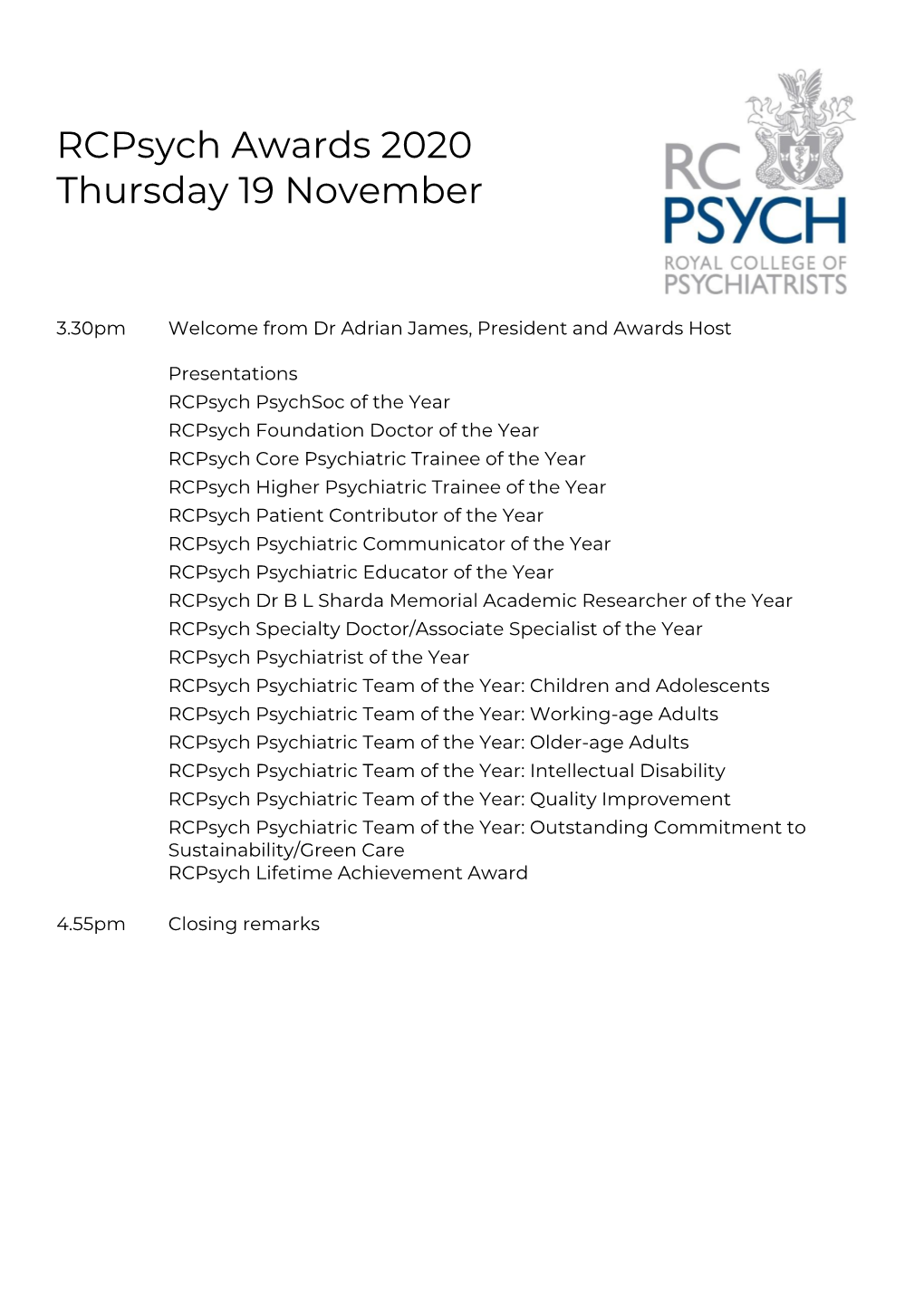 Rcpsych Awards 2020 Thursday 19 November