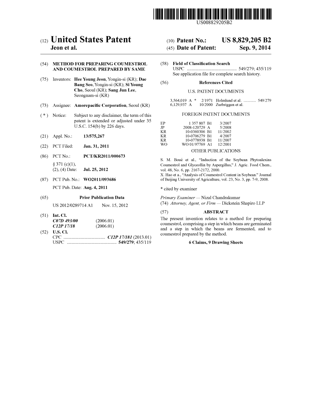 (12) United States Patent (10) Patent No.: US 8,829,205 B2 Jeon Et Al
