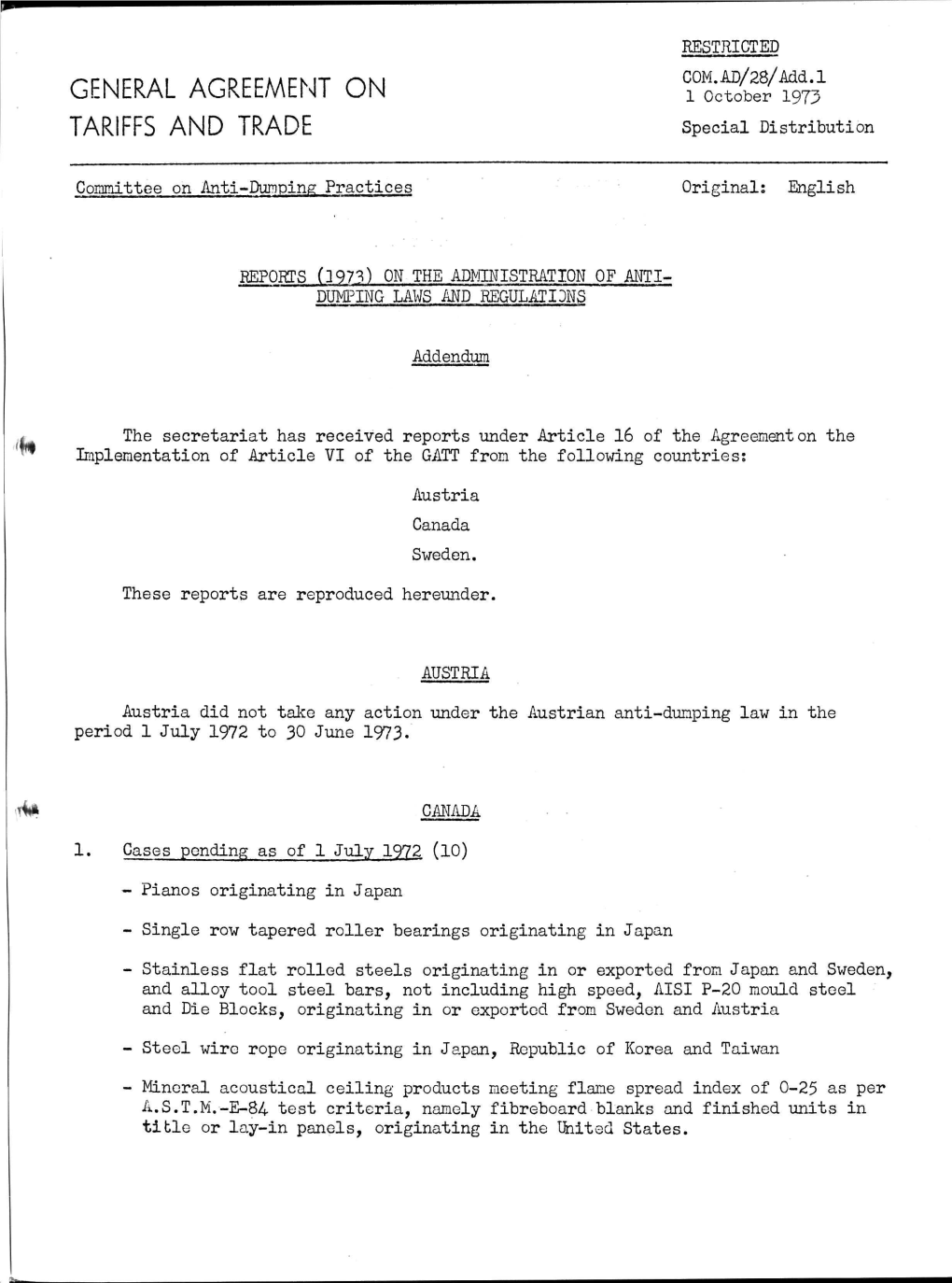 GENERAL AGREEMENT on Tl^F^ TARIFFS and TRADE Special Distribution