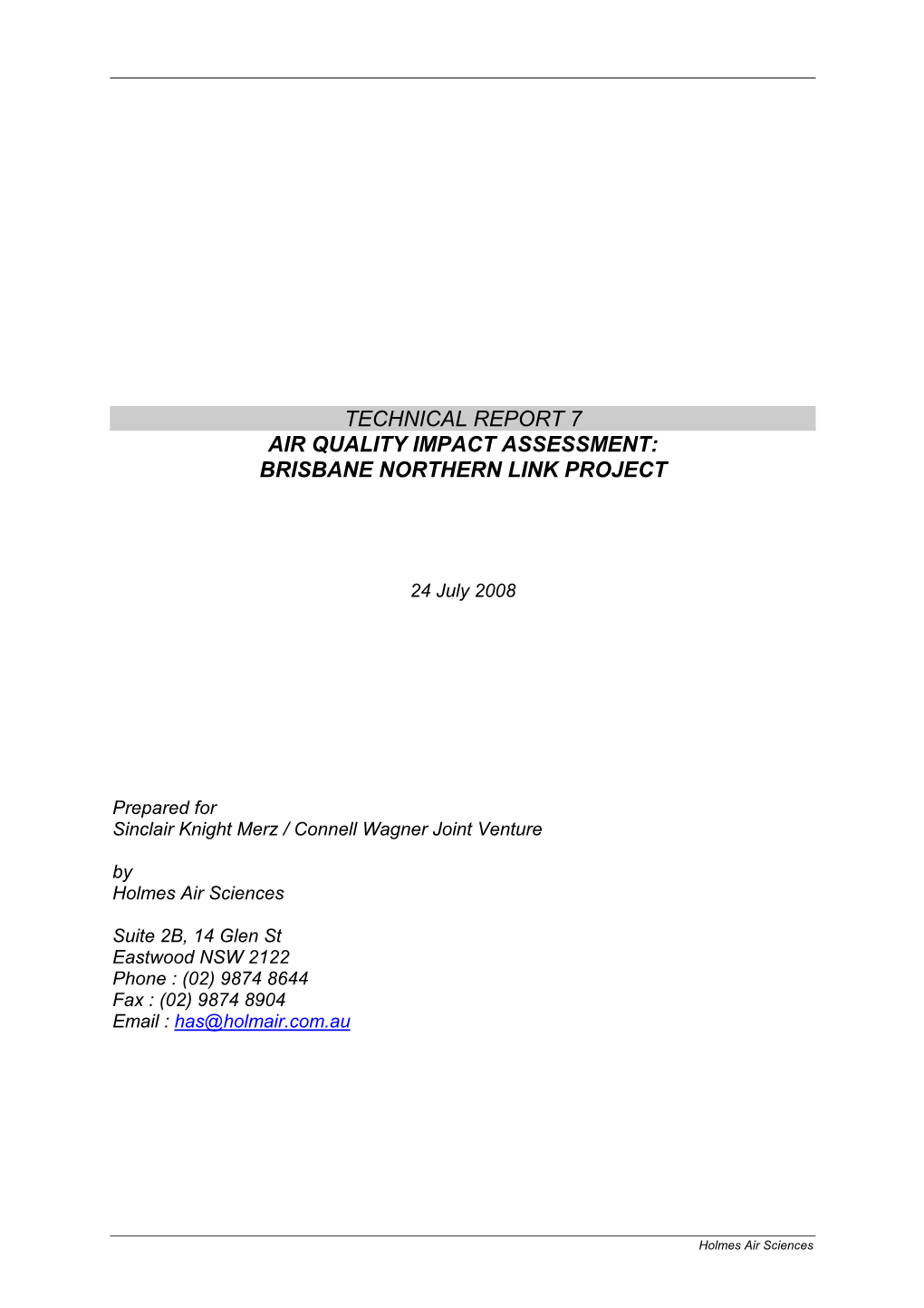 Technical Report 7 Air Quality Impact Assessment: Brisbane Northern Link Project