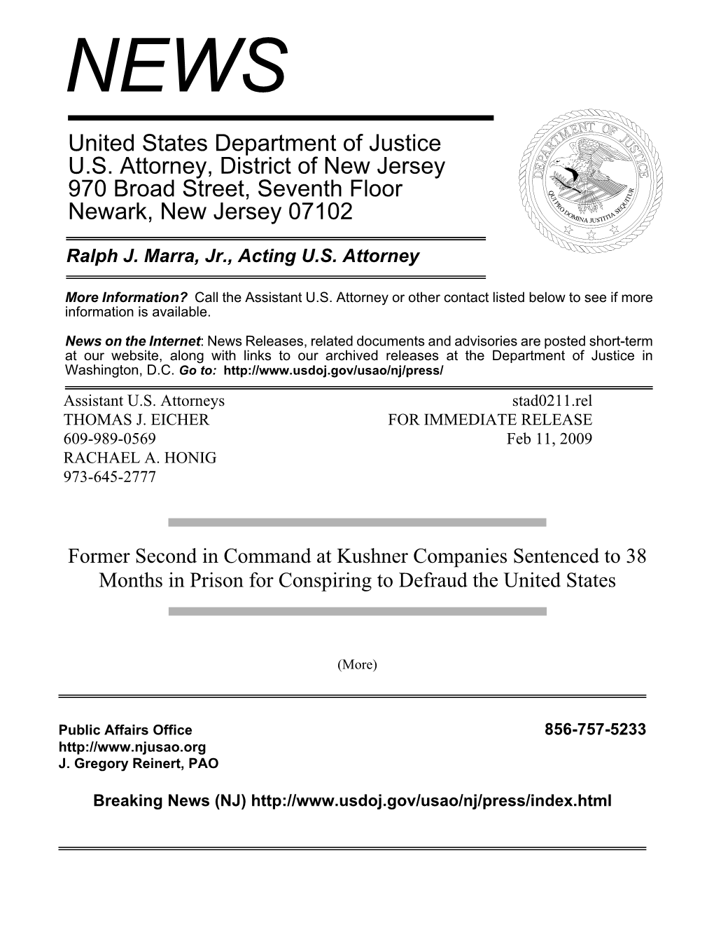United States Department of Justice U.S. Attorney, District of New Jersey 970 Broad Street, Seventh Floor Newark, New Jersey 07102