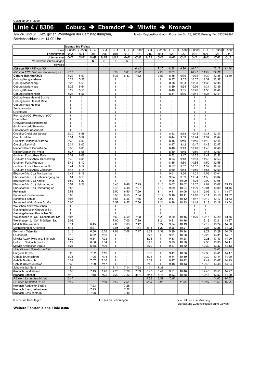 Linie 4 / 8306 Coburg ➔ Ebersdorf ➔ Mitwitz ➔ Kronach Am 24