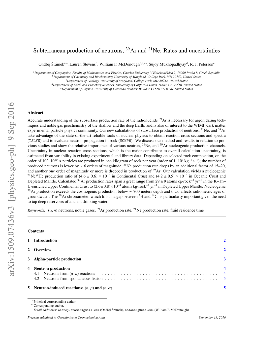 Subterranean Production of Neutrons, $^{39} $ Ar and $^{21} $ Ne: Rates