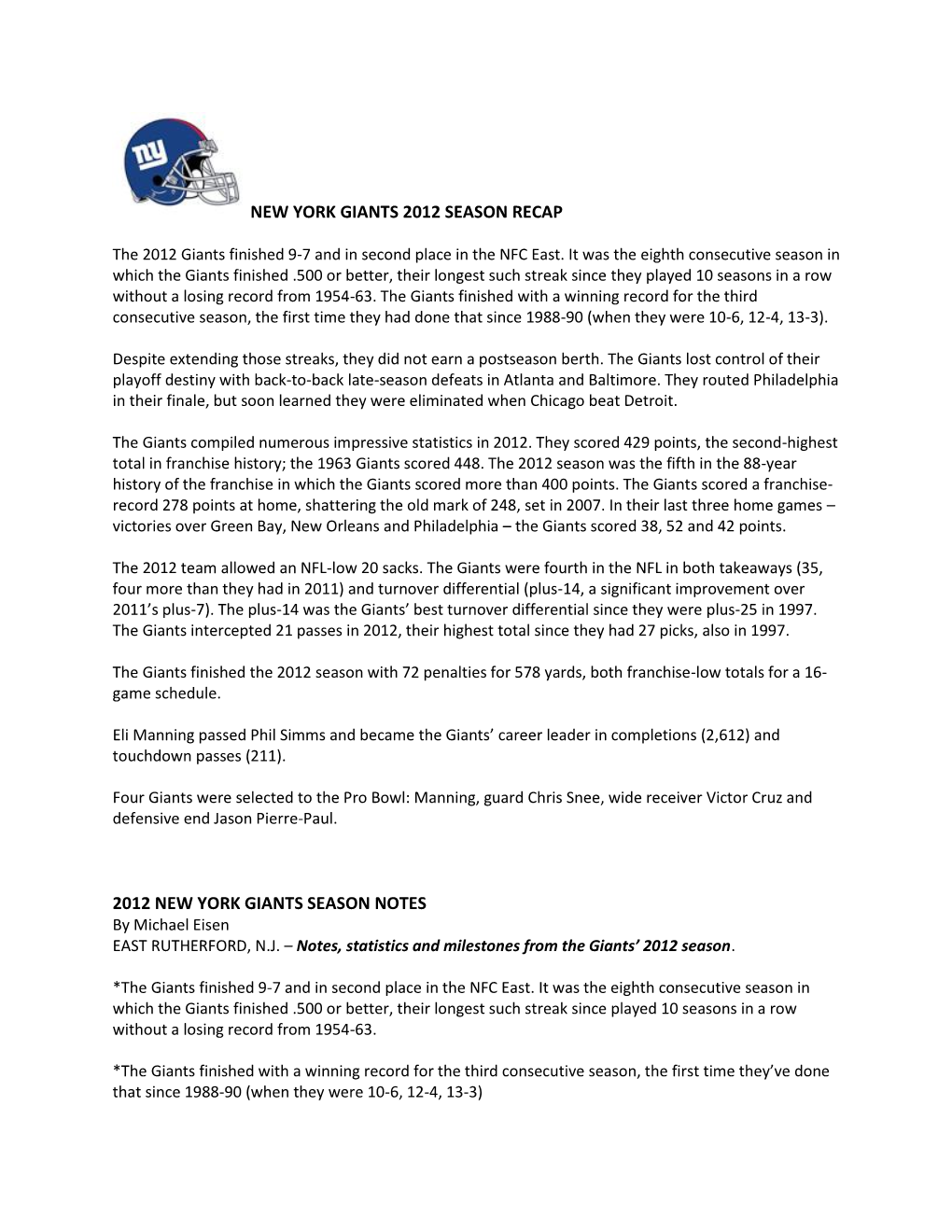 New York Giants 2012 Season Recap 2012 New York Giants