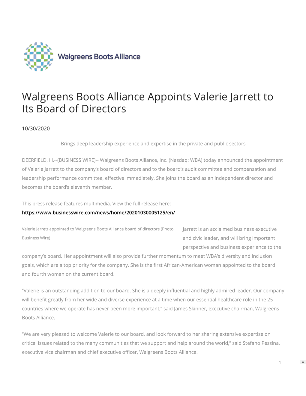 Walgreens Boots Alliance Appoints Valerie Jarrett to Its Board of Directors