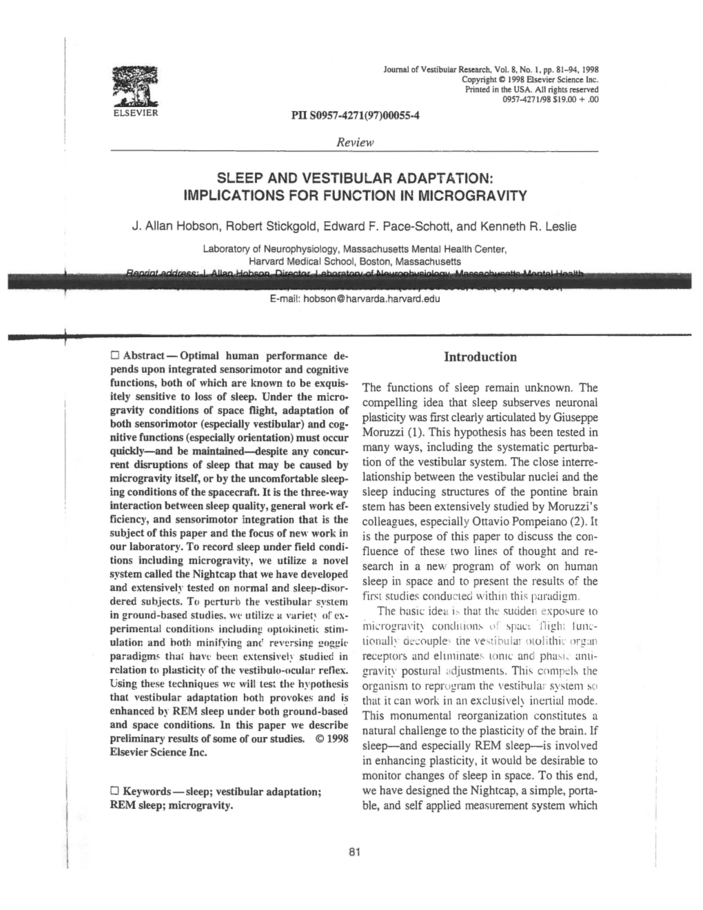 IMPLICATIONS for FUNCTION in MICROGRAVITY Introduction