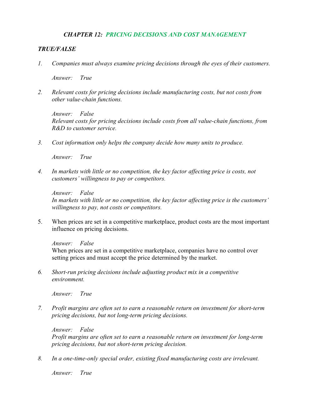 Chapter 12: Pricing Decisions and Cost Management