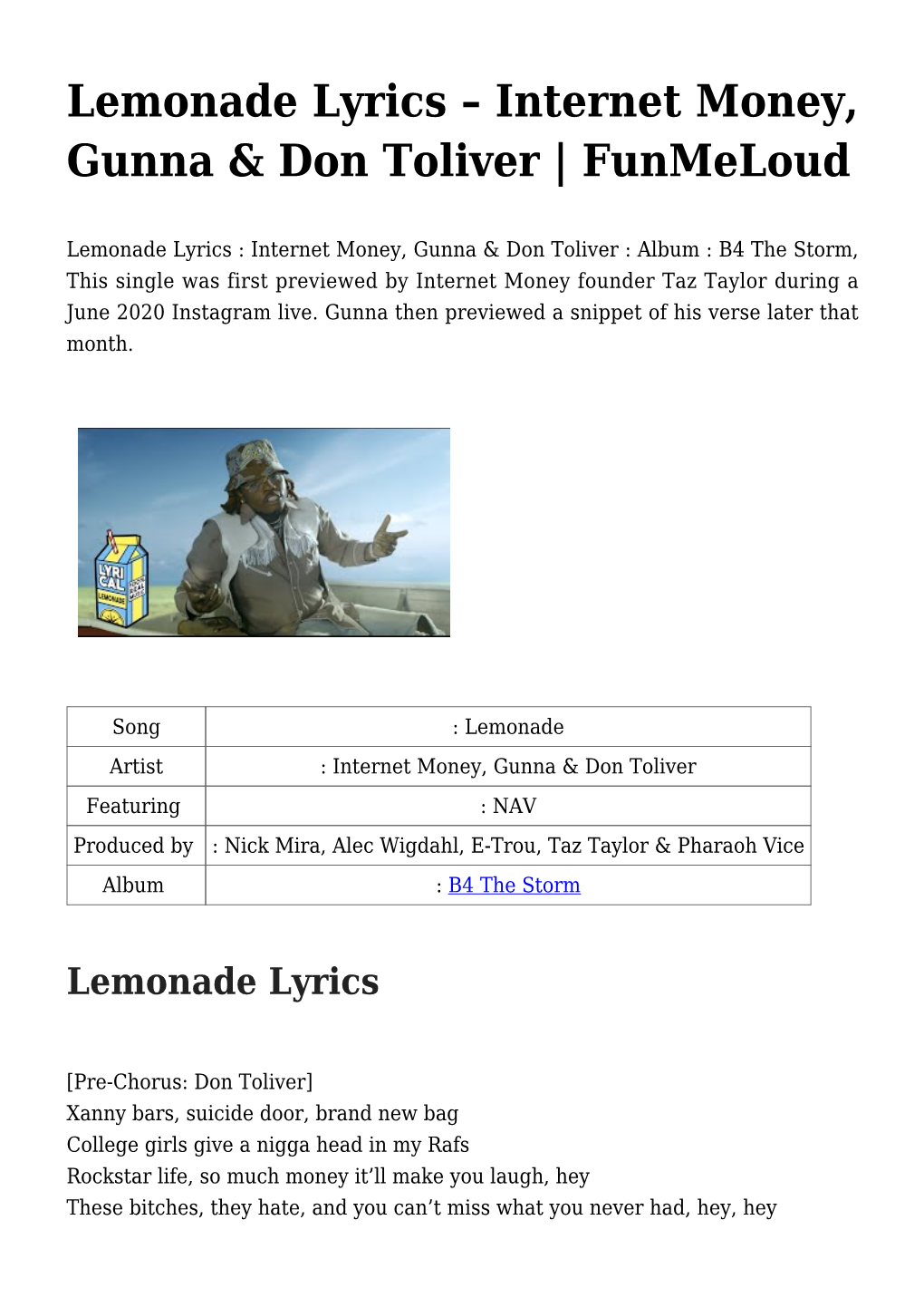 Lemonade Lyrics – Internet Money, Gunna & Don Toliver