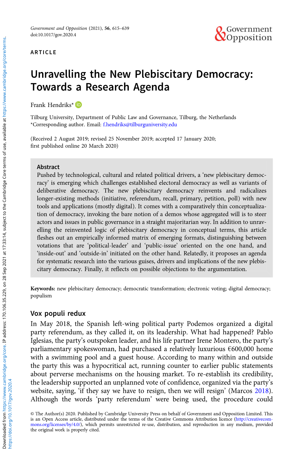Unravelling the New Plebiscitary Democracy: Towards a Research Agenda
