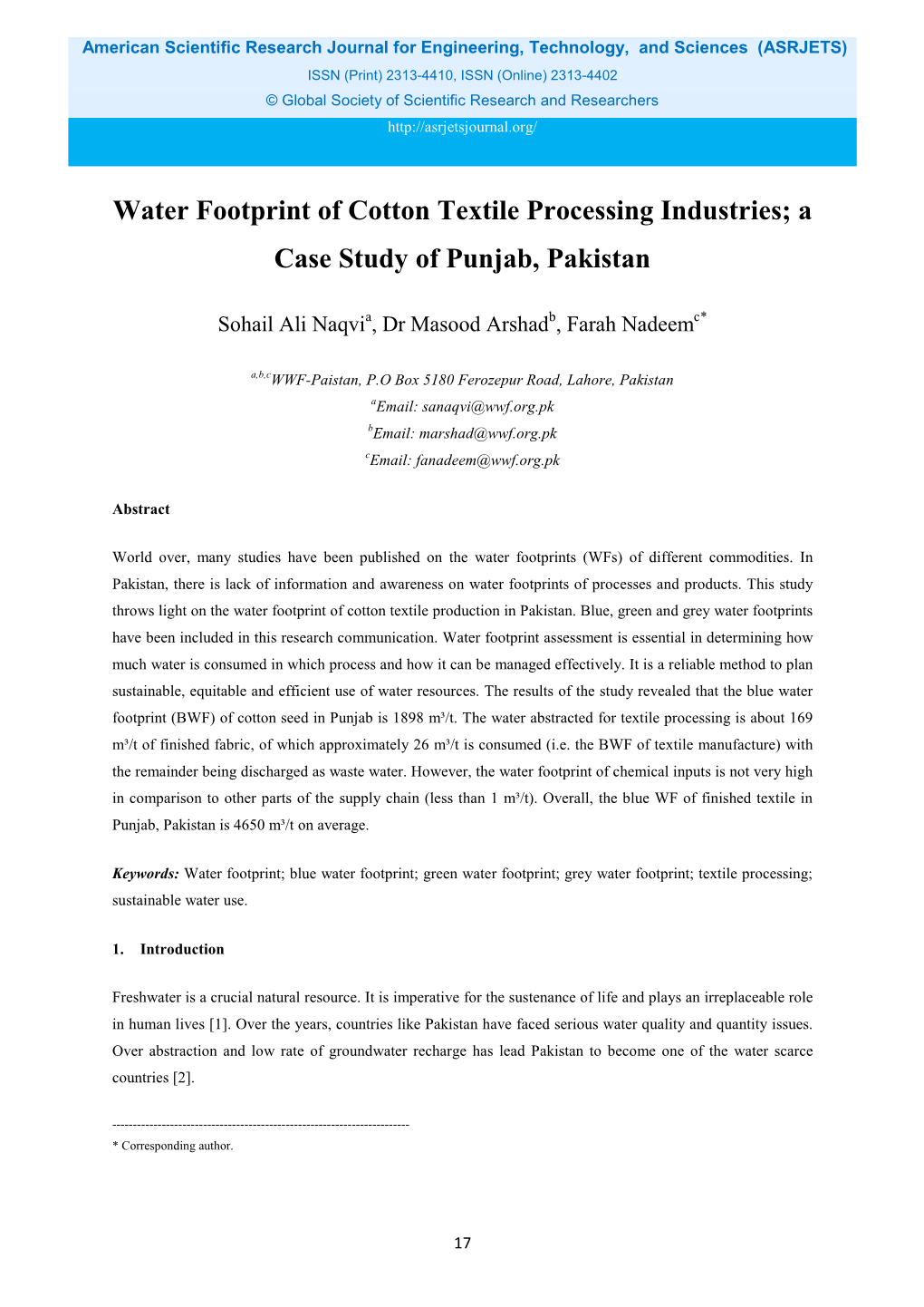 Water Footprint of Cotton Textile Processing Industries; a Case Study of Punjab, Pakistan