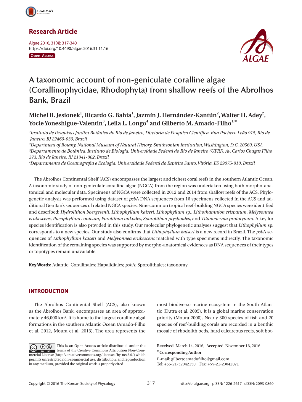 A Taxonomic Account of Non-Geniculate Coralline Algae (Corallinophycidae, Rhodophyta) from Shallow Reefs of the Abrolhos Bank, Brazil