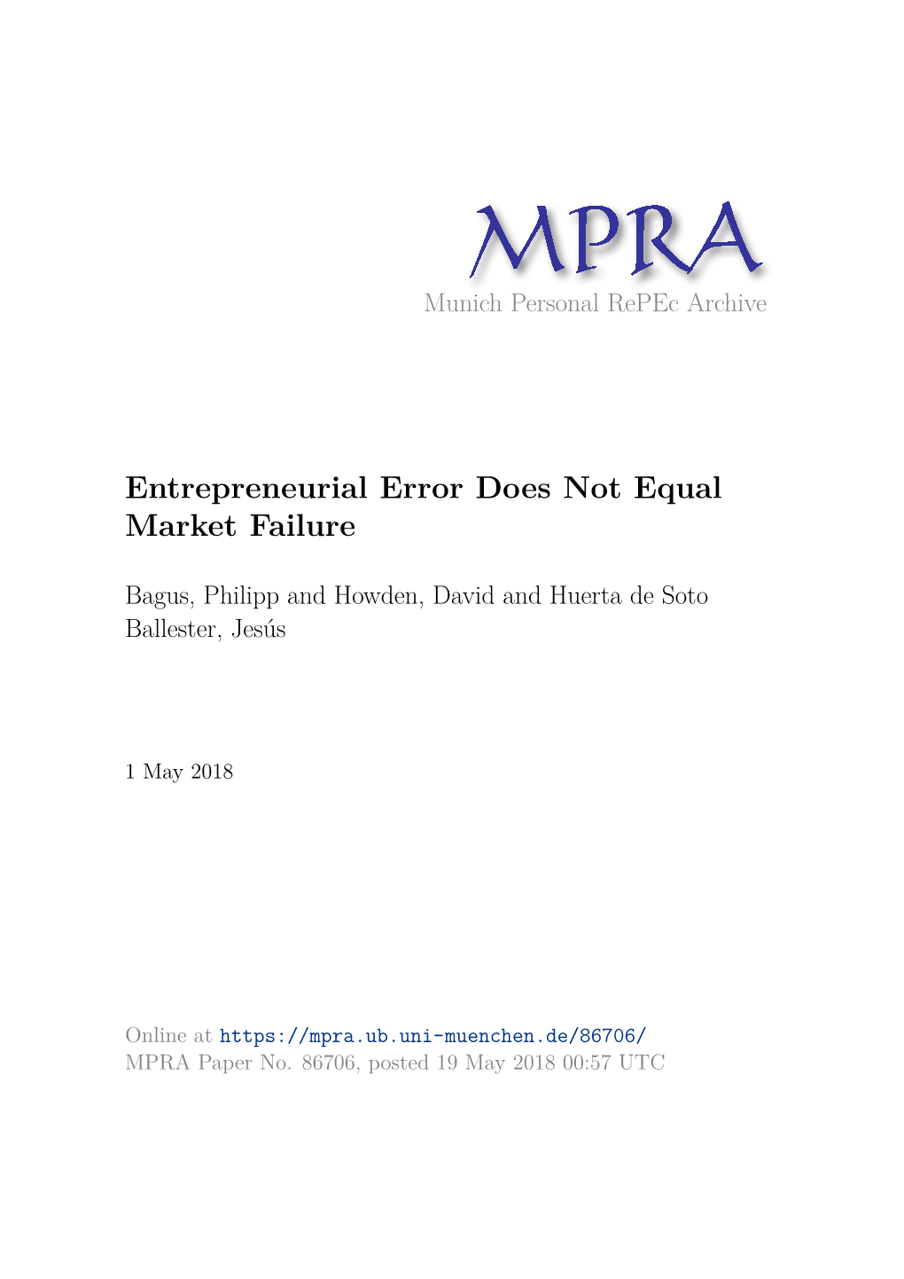 Entrepreneurial Error Does Not Equal Market Failure