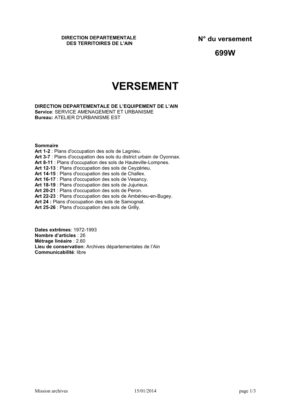 DDE De L'ain : Plans D'occupation Des Sols , 1972-1993