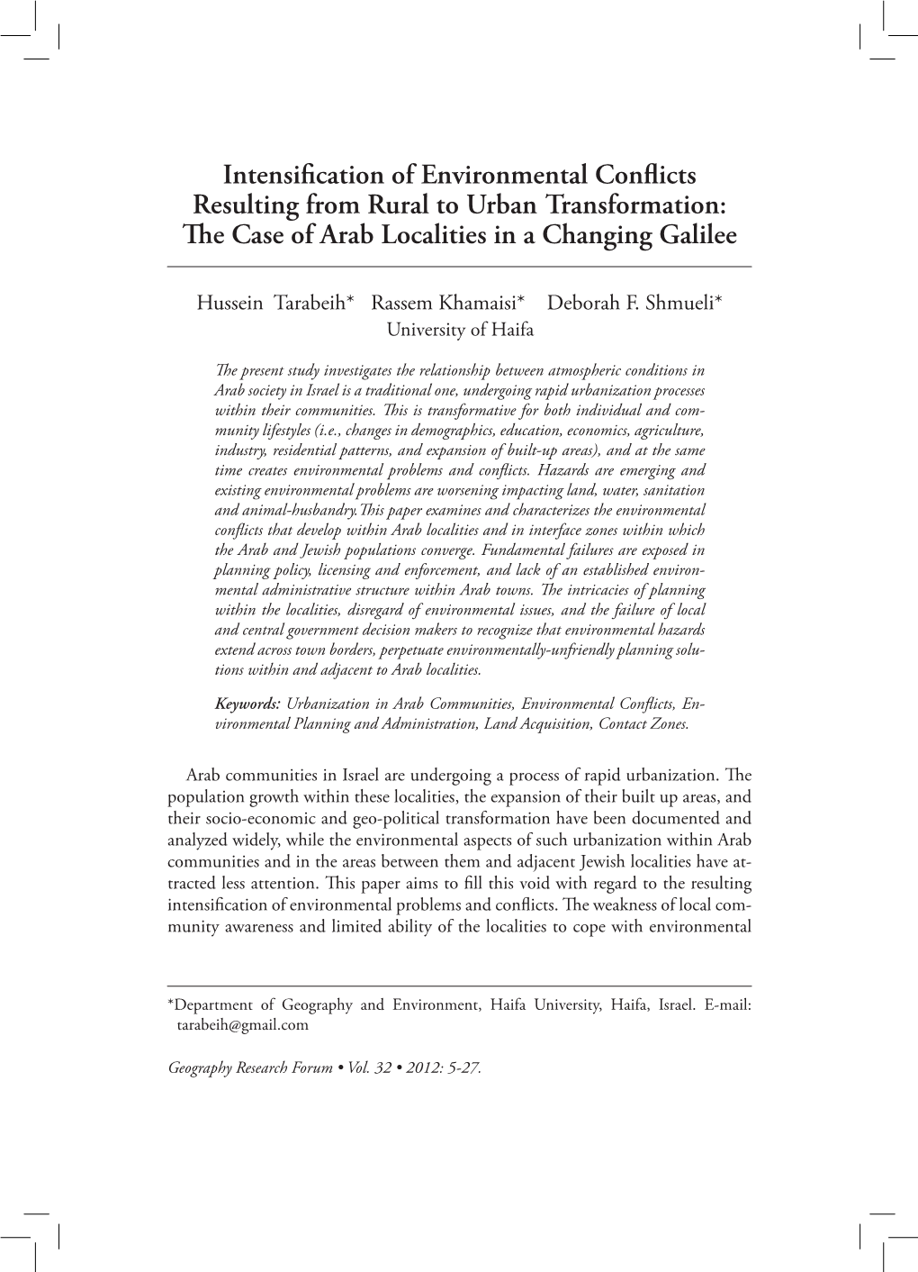 Intensification of Environmental Conflicts Resulting from Rural to Urban Transformation: the Case of Arab Localities in a Changing Galilee