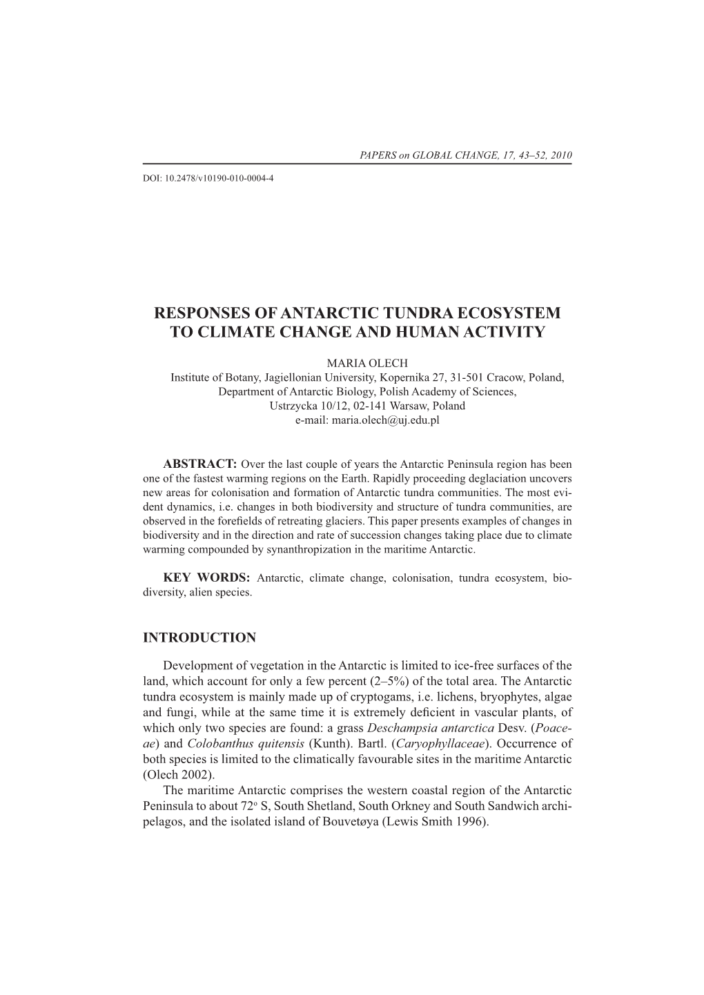 Responses of Antarctic Tundra Ecosystem to Climate Change and Human Activity