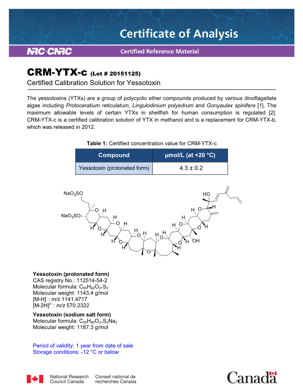 Certified Calibration Solution for Yessotoxin