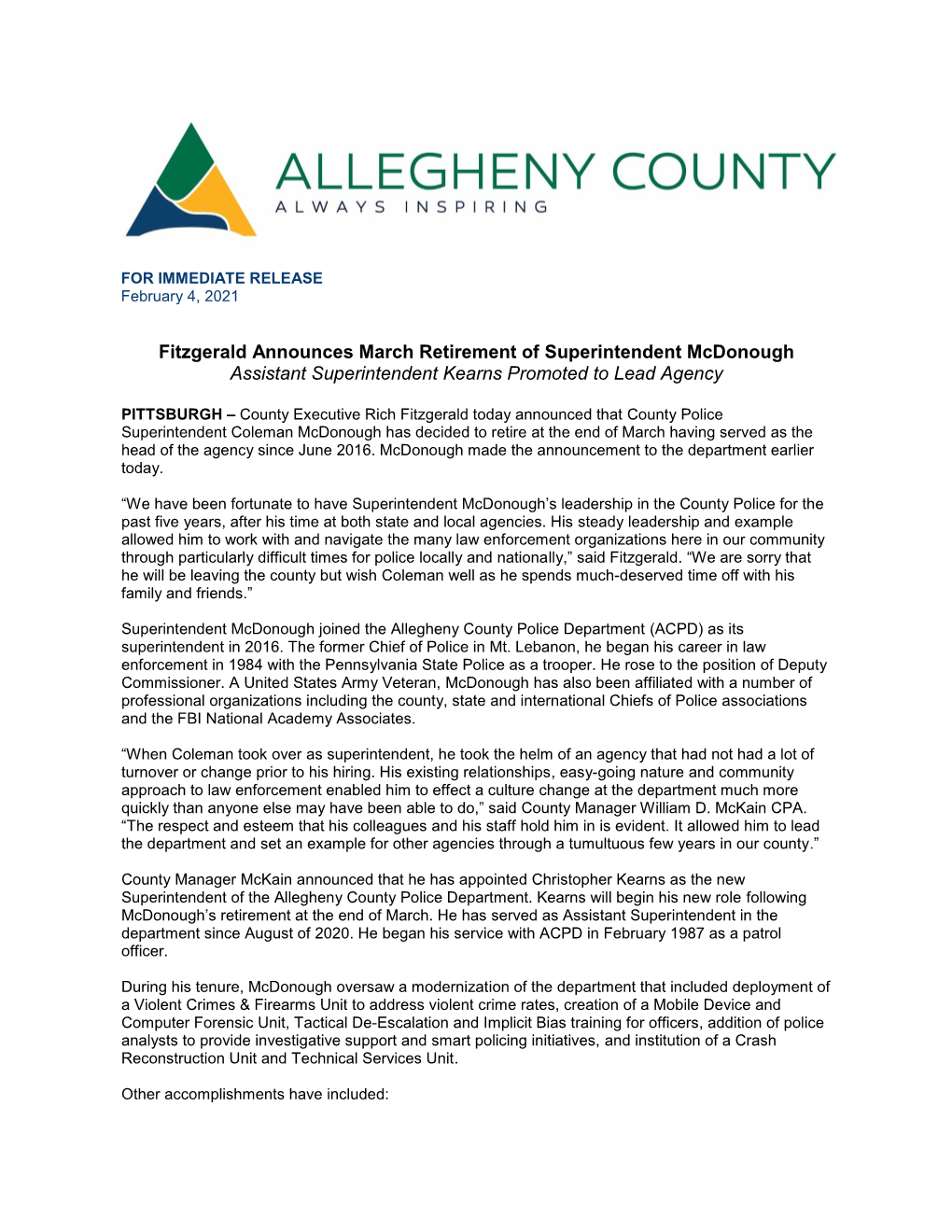 Fitzgerald Announces March Retirement of Superintendent Mcdonough Assistant Superintendent Kearns Promoted to Lead Agency