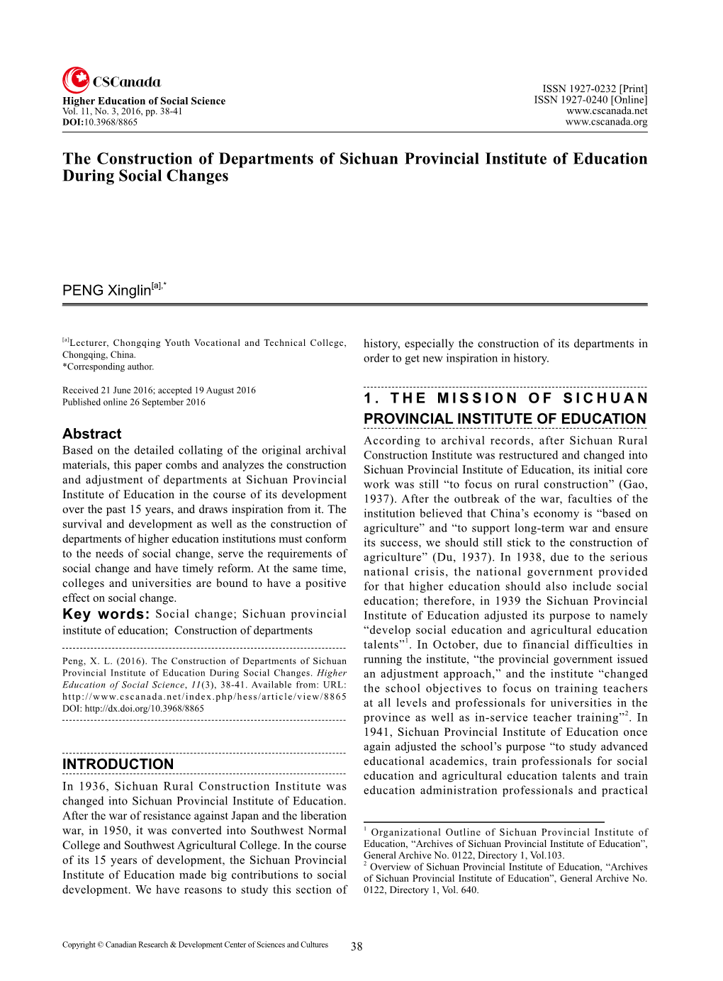 The Construction of Departments of Sichuan Provincial Institute of Education During Social Changes