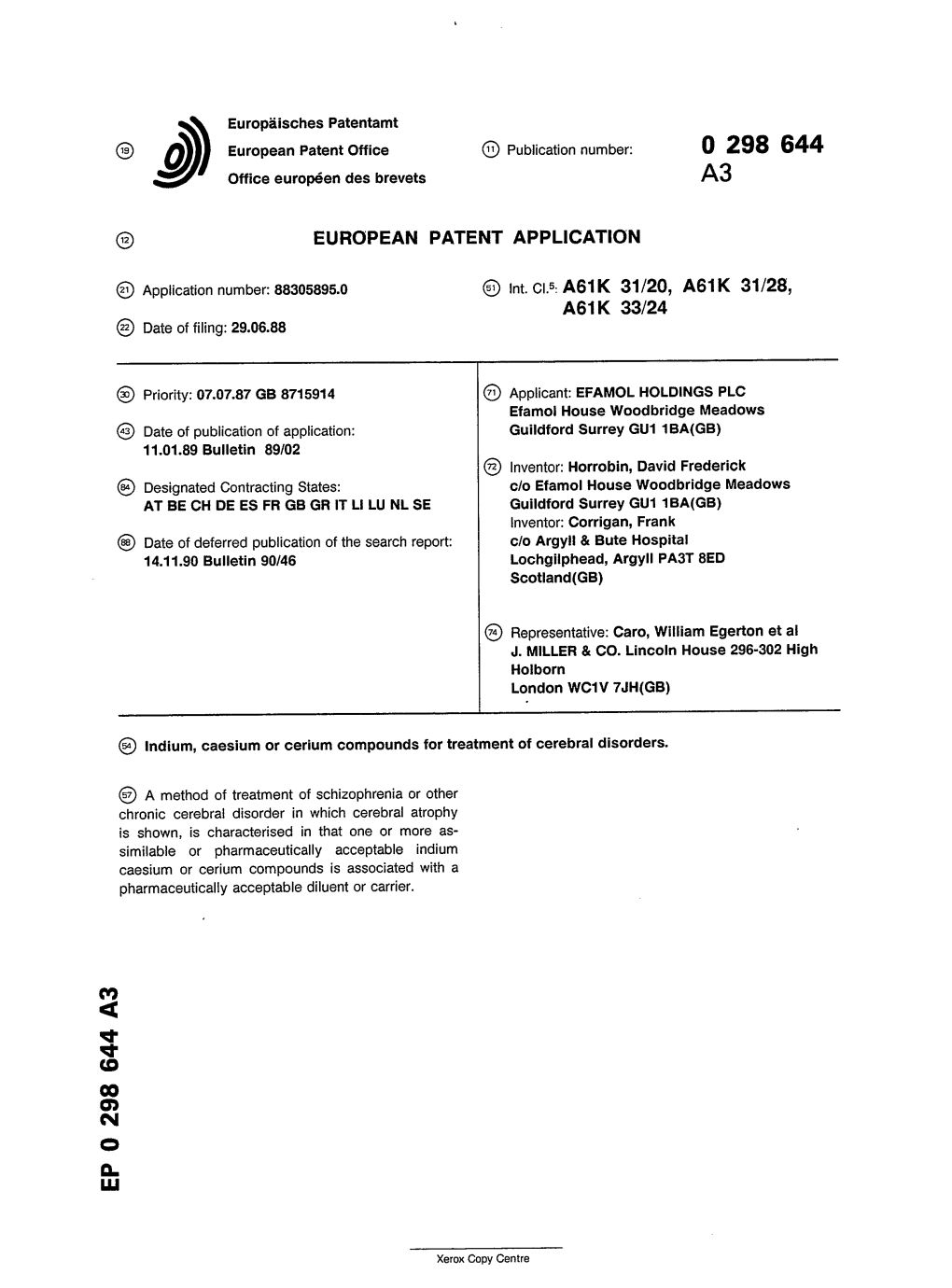 Indium, Caesium Or Cerium Compounds for Treatment of Cerebral Disorders