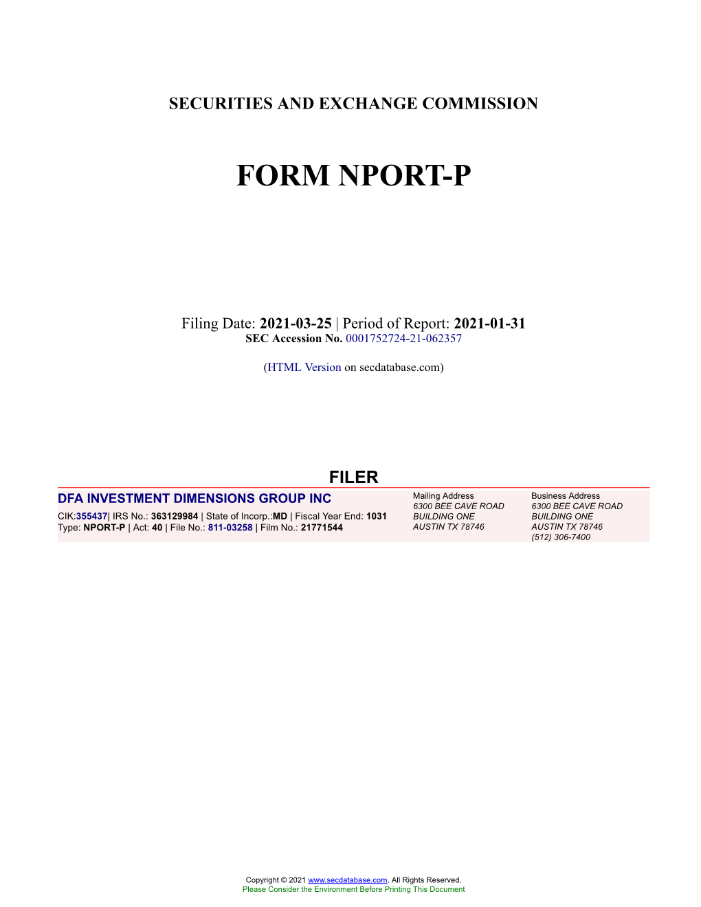DFA INVESTMENT DIMENSIONS GROUP INC Form NPORT-P Filed 2021-03-25