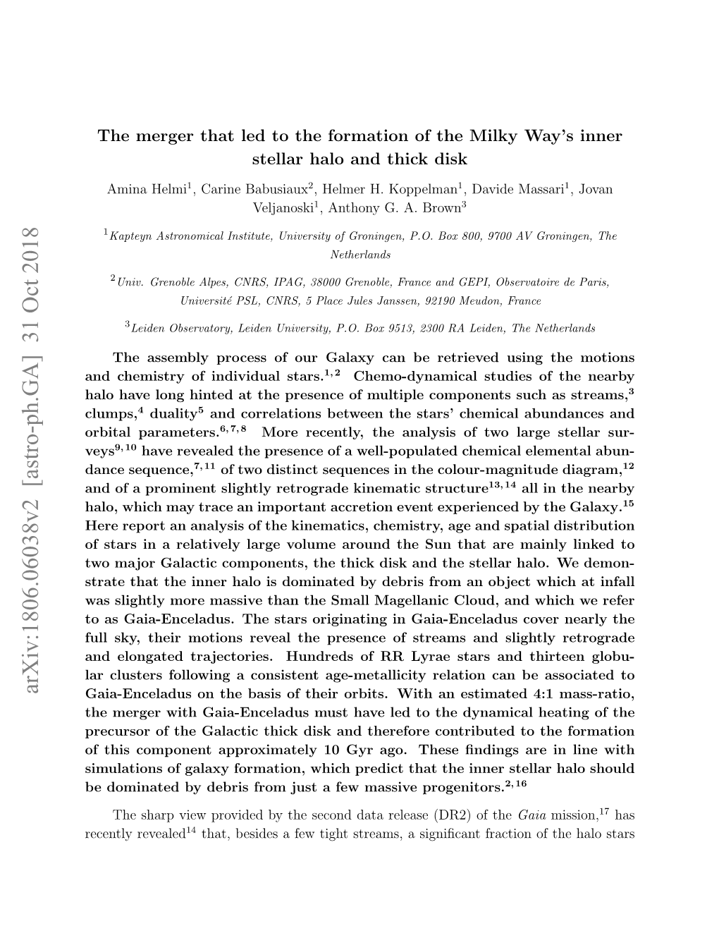 Arxiv:1806.06038V2 [Astro-Ph.GA] 31 Oct 2018 Gaia-Enceladus on the Basis of Their Orbits