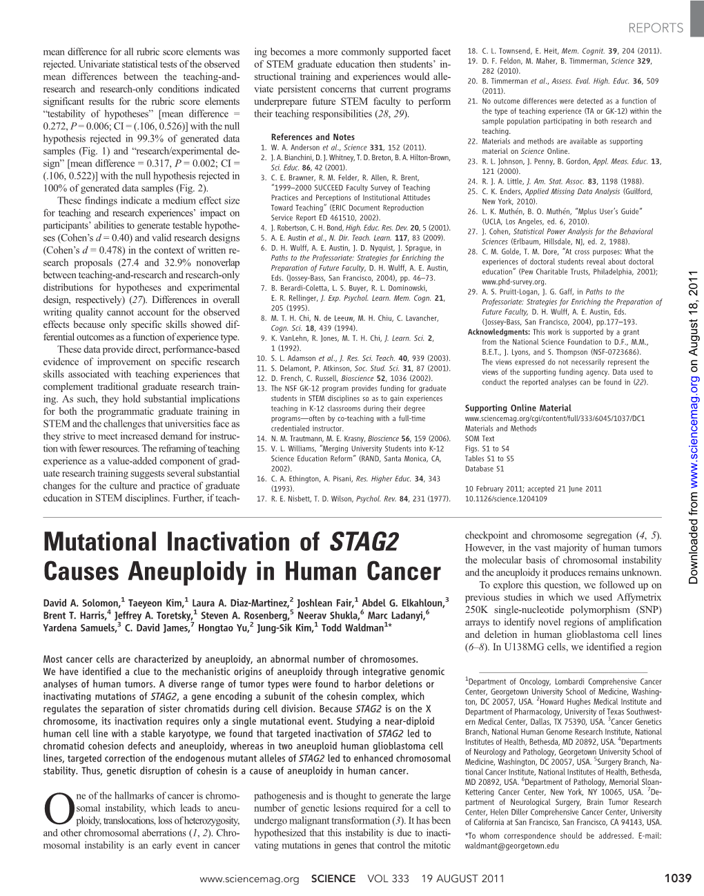 Mutational Inactivation of STAG2 Causes Aneuploidy in Human Cancer