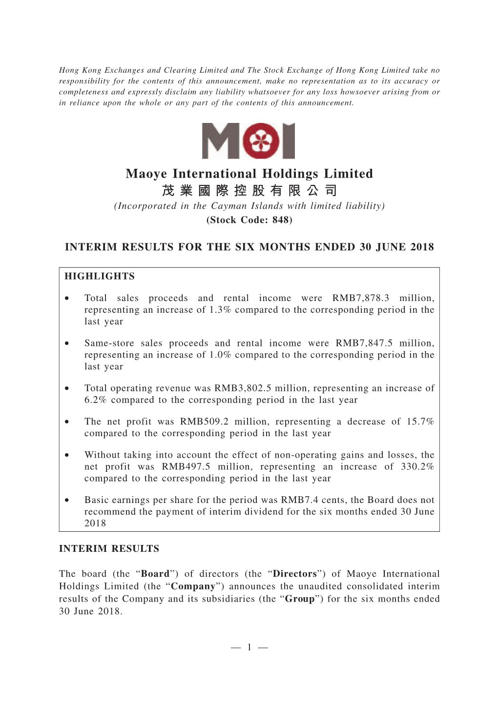 Maoye International Holdings Limited 茂業國際控股有限公司 (Incorporated in the Cayman Islands with Limited Liability) (Stock Code: 848)