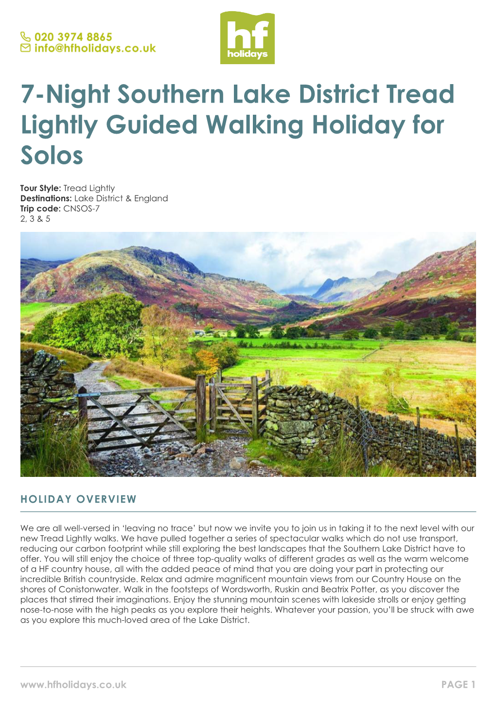 7-Night Southern Lake District Tread Lightly Guided Walking Holiday for Solos