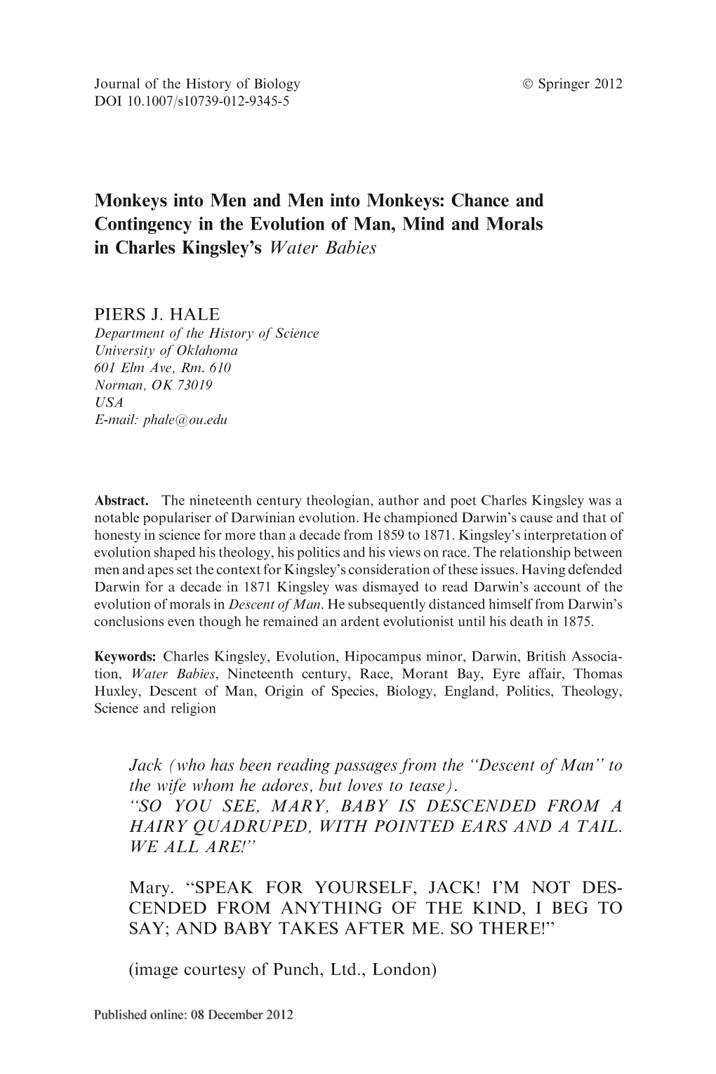 Chance and Contingency in the Evolution of Man, Mind and Morals in Charles Kingsley's W