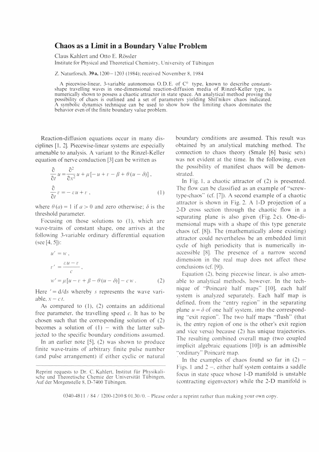 Claus Kahlert and Otto E. Rössler Institute for Physical and Theoretical Chemistry, University of Tübingen Z. Naturforsch