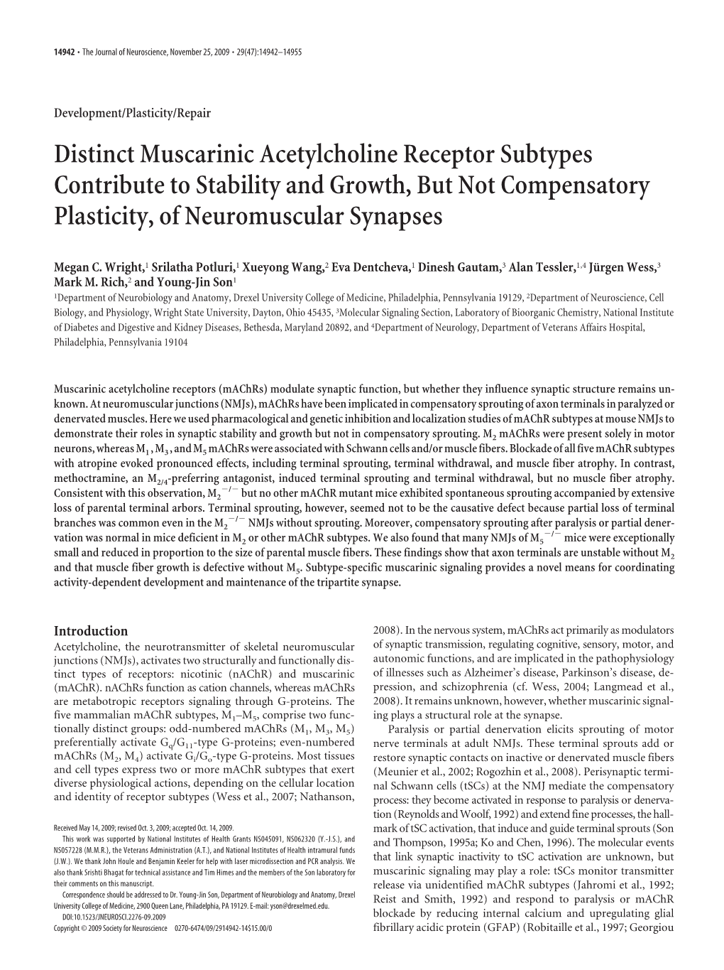 Distinct Muscarinic Acetylcholine Receptor Subtypes Contribute to Stability and Growth, but Not Compensatory Plasticity, of Neuromuscular Synapses