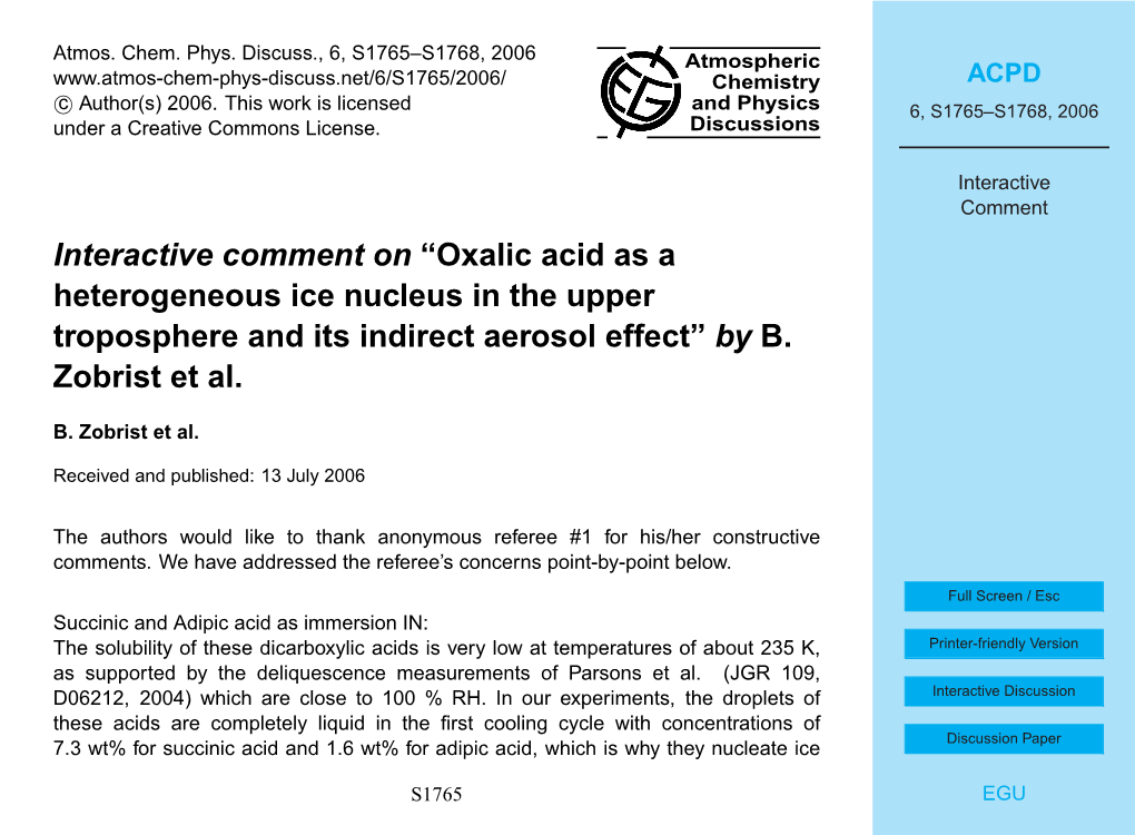 Oxalic Acid As a Heterogeneous Ice Nucleus in the Upper Troposphere and Its Indirect Aerosol Effect” by B