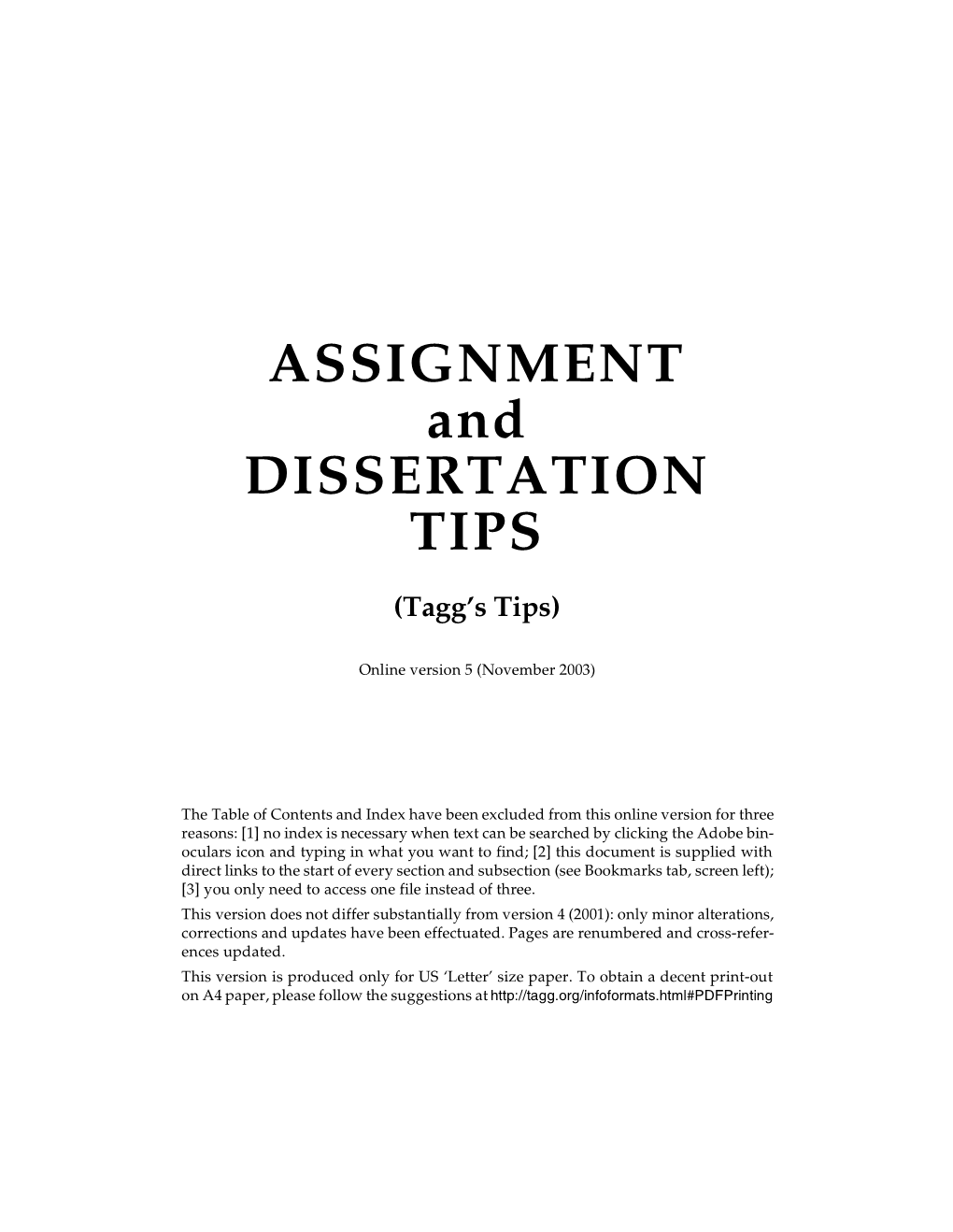 ASSIGNMENT and DISSERTATION TIPS (Tagg's Tips)