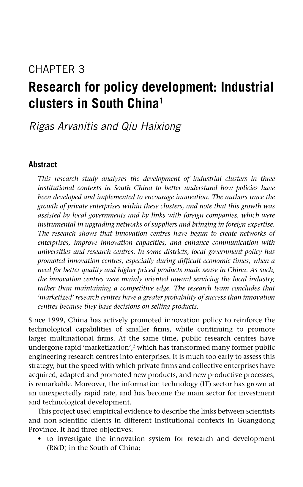 Research for Policy Development : Industrial Clusters in South China