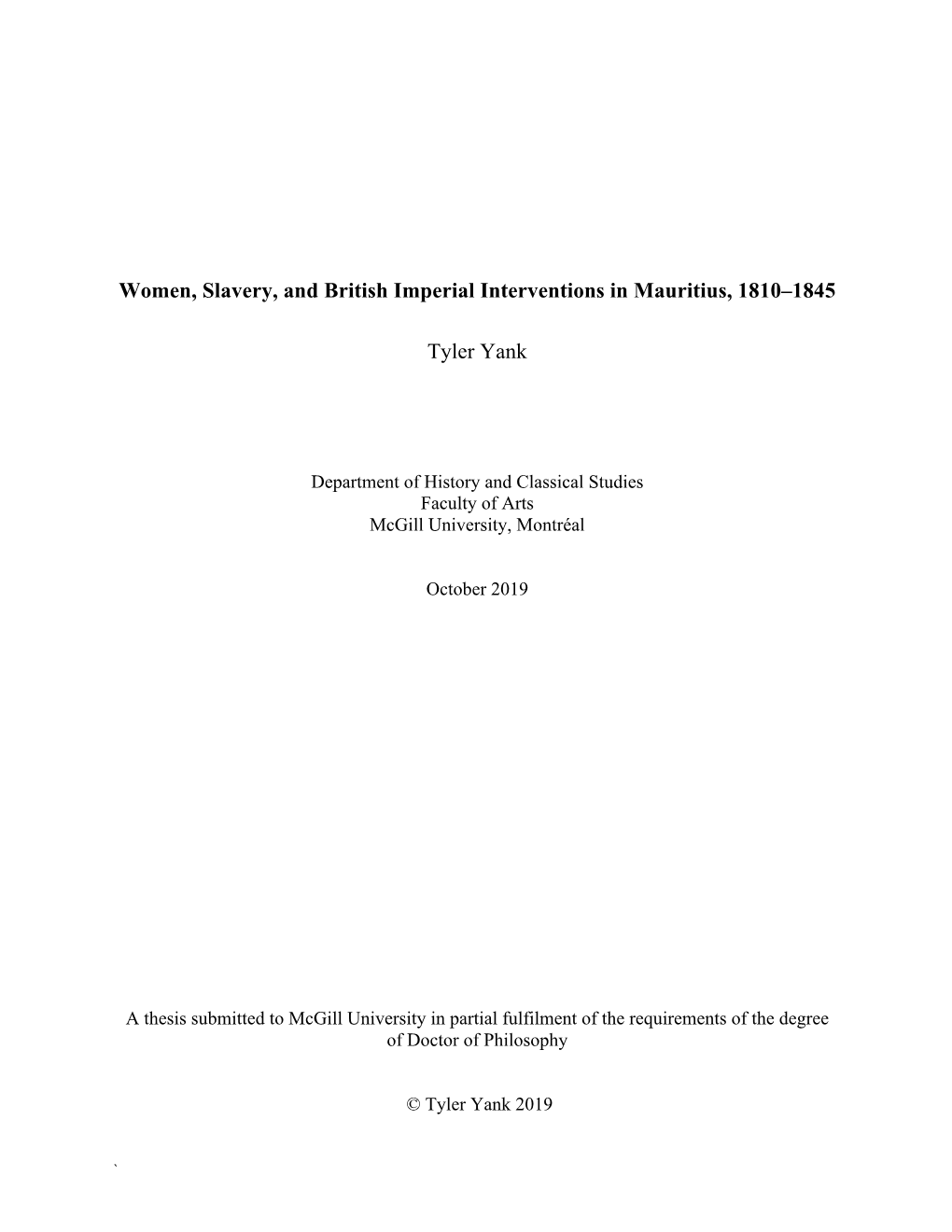 Women, Slavery, and British Imperial Interventions in Mauritius, 1810–1845