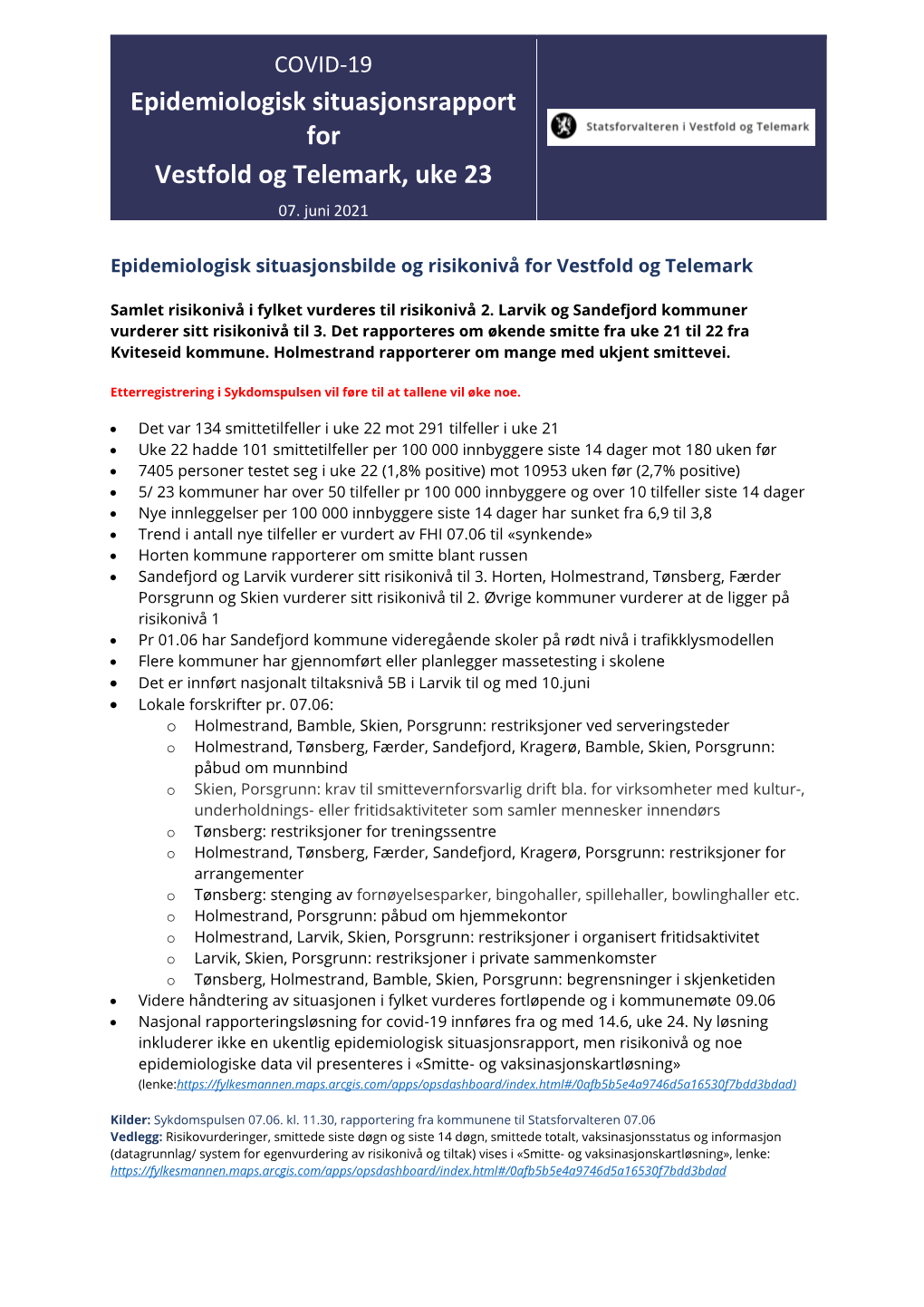 Epidemiologisk Situasjonsrapport for Vestfold Og Telemark, Uke 23