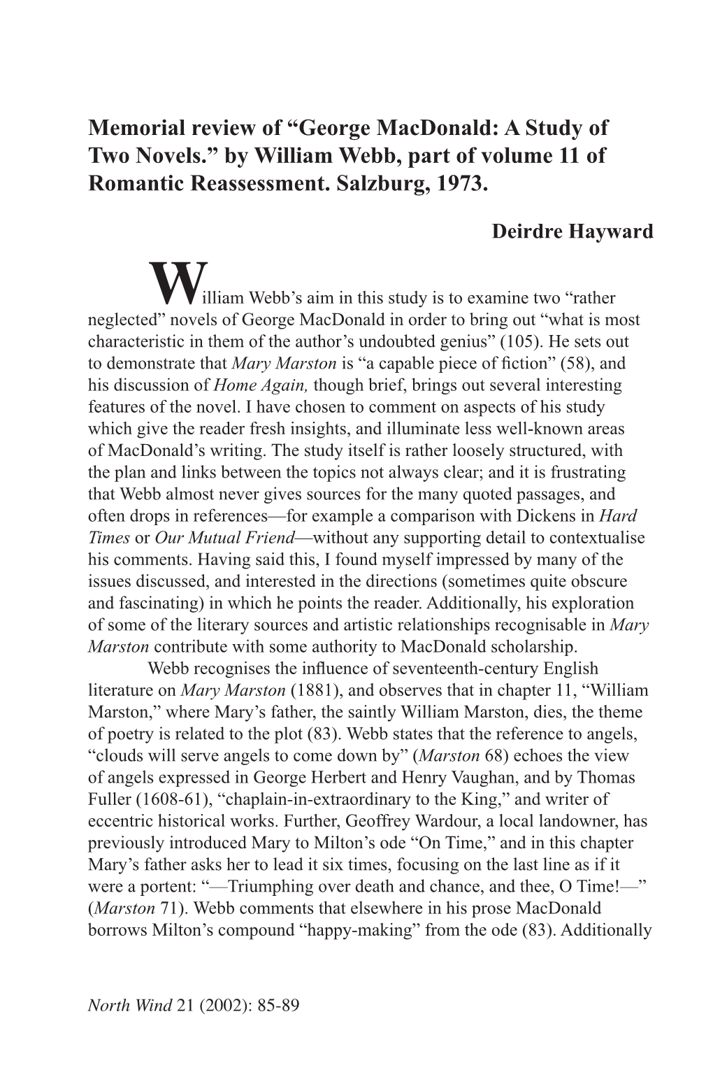 Memorial Review of “George Macdonald: a Study of Two Novels.” by William Webb, Part of Volume 11 of Romantic Reassessment