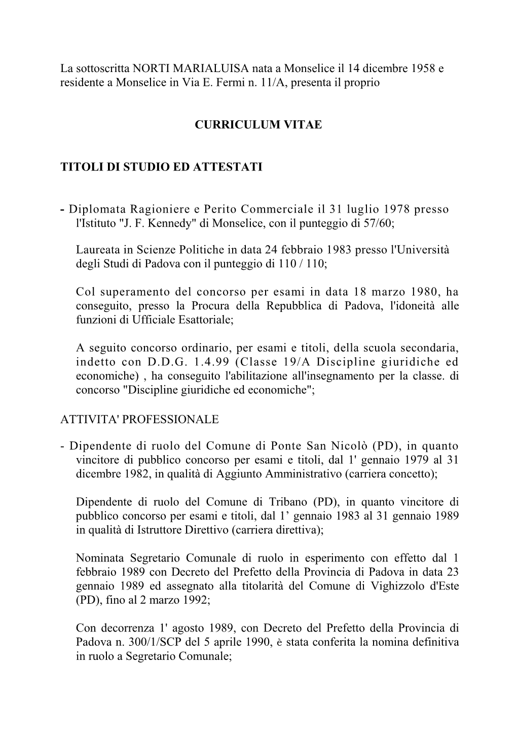 Curriculum Segretario Comunale