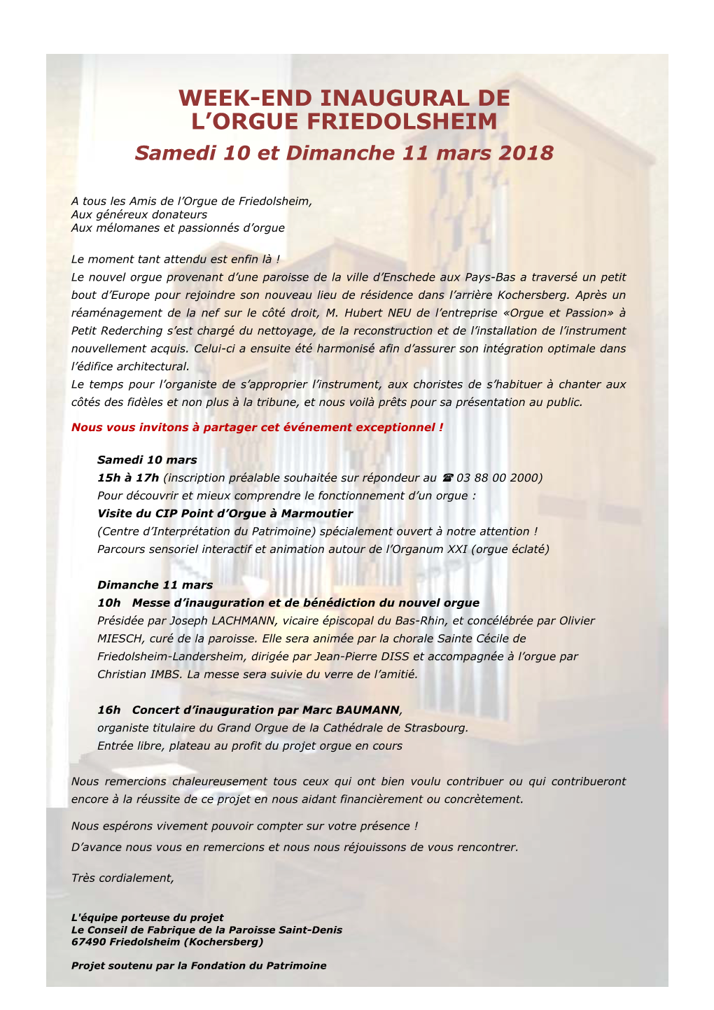 Week-End Inaugural De L'orgue Friedolsheim