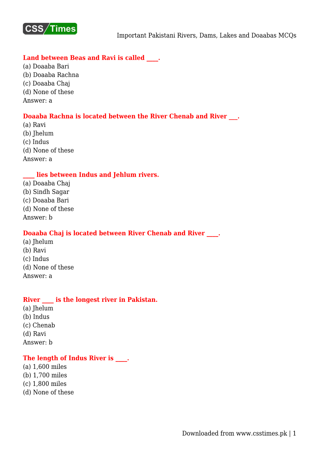 Important Pakistani Rivers, Dams, Lakes and Doaabas Mcqs